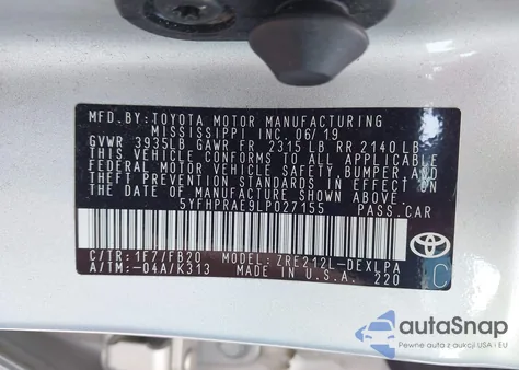 2020 Toyota Corolla Le из США, поврежденный, VIN 5YFHPRAE9LP027155